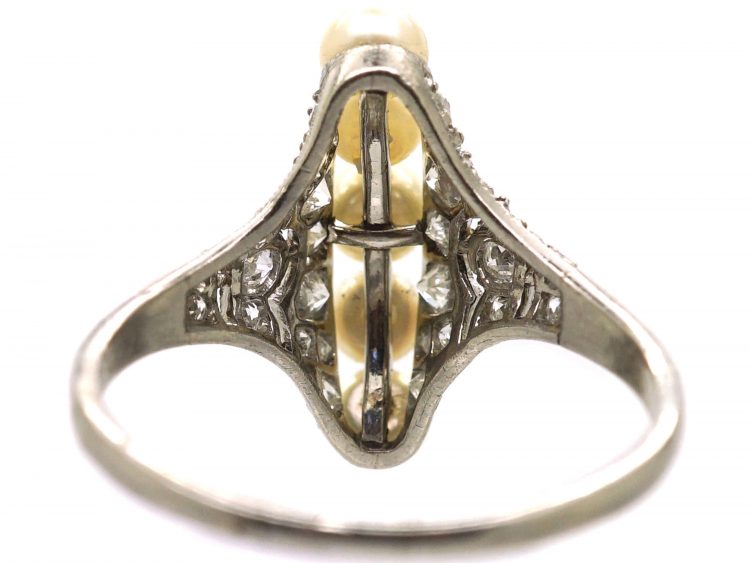 Edwardian Platinum Natural Pearl & Diamond Fan Ring