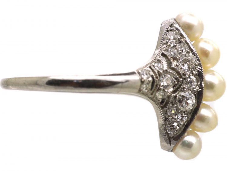 Edwardian Platinum Natural Pearl & Diamond Fan Ring