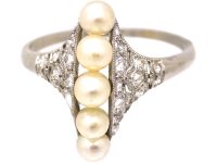 Edwardian Platinum Natural Pearl & Diamond Fan Ring