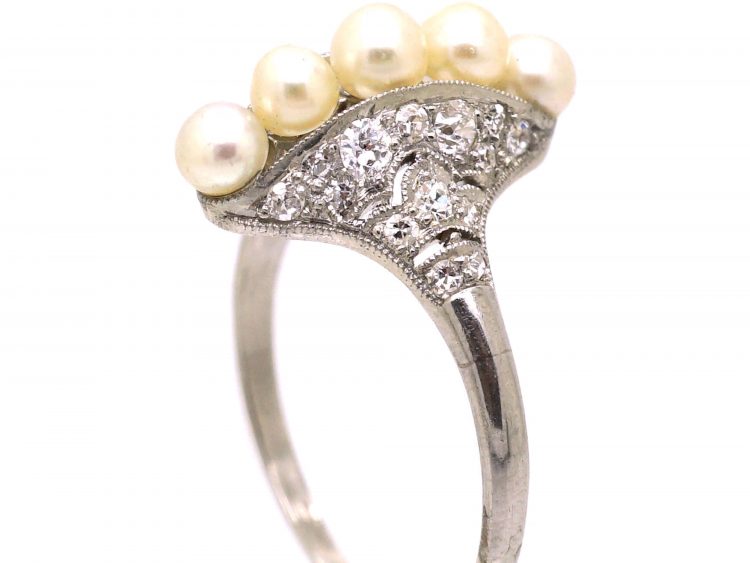 Edwardian Platinum Natural Pearl & Diamond Fan Ring