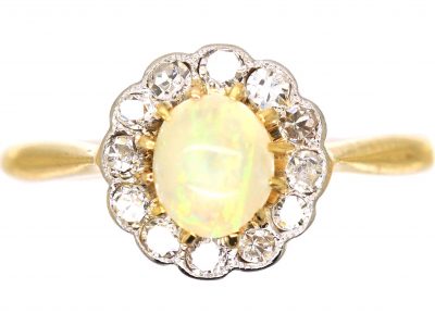 Edwardian 18ct Gold & Platinum, Opal & Diamond Cluster Ring