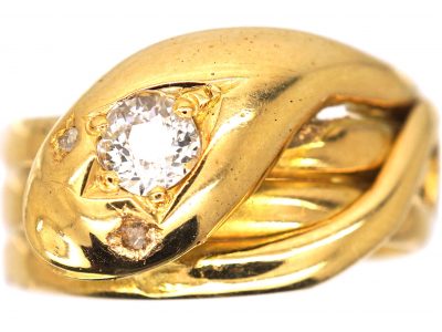 Victorian 18ct Gold Snake Ring Set With A Diamond & Rose Diamond Eyes