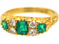 Edwardian 18ct Gold Three Stone Emerald & Diamond Carved Half Hoop Ring