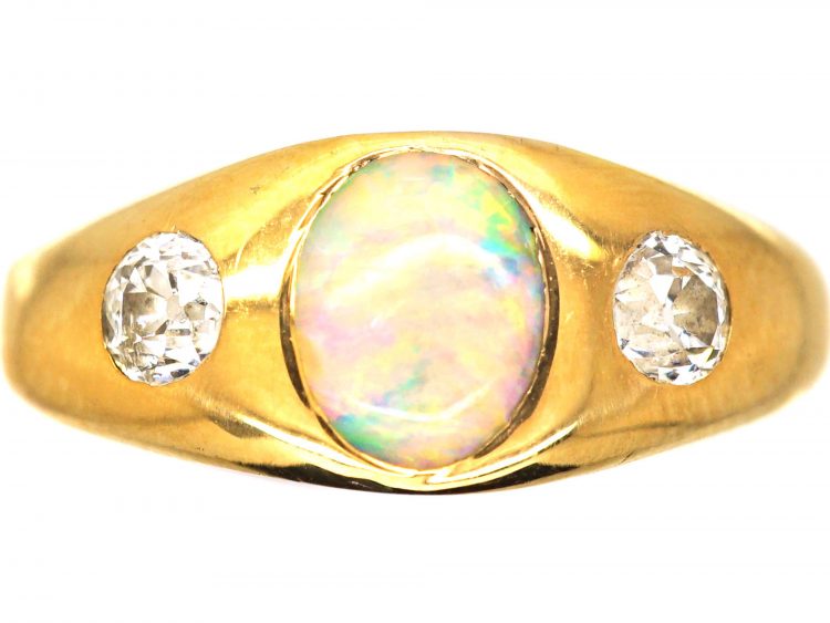 Victorian 18ct Gold, Opal & Diamond Three Stone Rub Over Ring