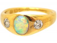 Victorian 18ct Gold, Opal & Diamond Three Stone Rub Over Ring