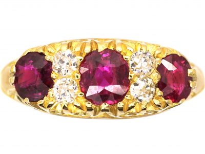 Edwardian 18ct Gold, Three Stone Ruby & Diamond Carved Half Hoop Ring
