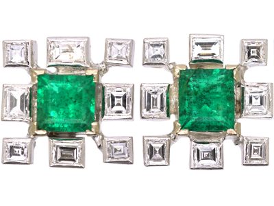 Mid 20th Century 18ct White Gold Stud Earrings set with Emeralds & Diamonds