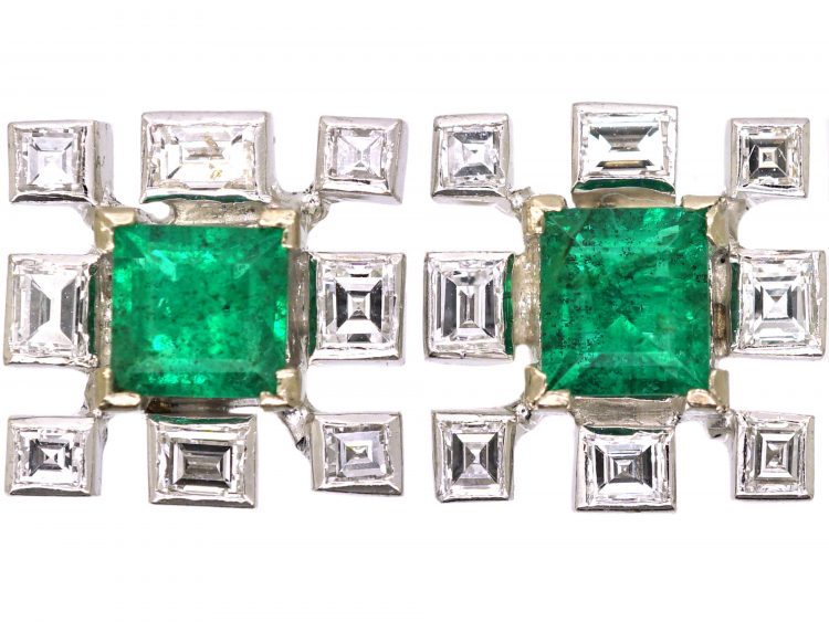 Mid 20th Century 18ct White Gold Stud Earrings set with Emeralds & Diamonds
