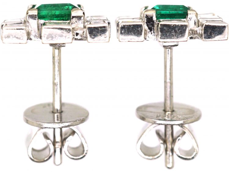 Mid 20th Century 18ct White Gold Stud Earrings set with Emeralds & Diamonds
