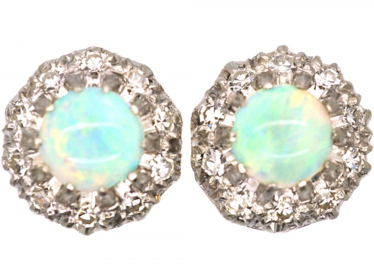 Vintage 18ct White Gold, Opal & Diamond Cluster Earrings