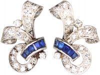 Retro 18ct White Gold Scroll Motif Earrings set with Sapphires & Diamonds