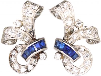 Retro 18ct White Gold Scroll Motif Earrings set with Sapphires & Diamonds