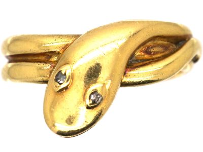 Victorian 18ct Gold Snake Ring with Rose Diamond Eyes