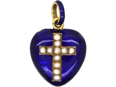 Early Victorian 15ct Gold, Blue Enamel Heart Pendant with Natural Split Pearl Cross