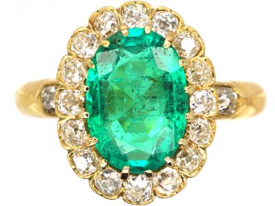 Edwardian 18ct Gold, Emerald & Diamond Oval Cluster Ring