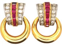 Retro French 18ct Gold Ruby & Diamond Retro Hoop Earrings