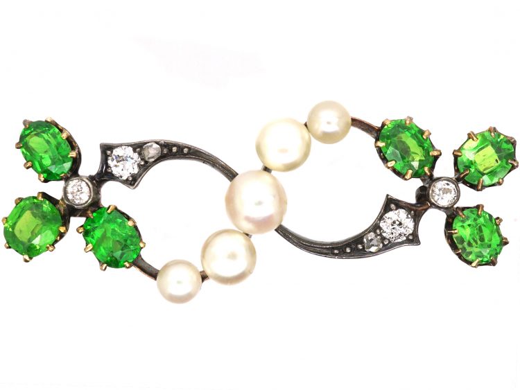 Edwardian 15ct Gold & Silver Trefoil Brooch set with Natural Pearls, Green Garnets & Diamonds
