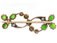 Edwardian 15ct Gold & Silver Trefoil Brooch set with Natural Pearls, Green Garnets & Diamonds