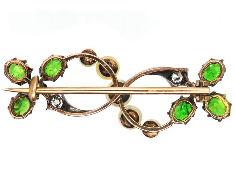 Edwardian 15ct Gold & Silver Trefoil Brooch set with Natural Pearls, Green Garnets & Diamonds