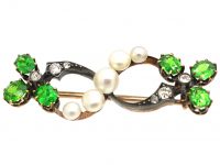 Edwardian 15ct Gold & Silver Trefoil Brooch set with Natural Pearls, Green Garnets & Diamonds