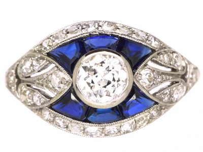 French Platinum Art Deco Diamond & Sapphire Ring