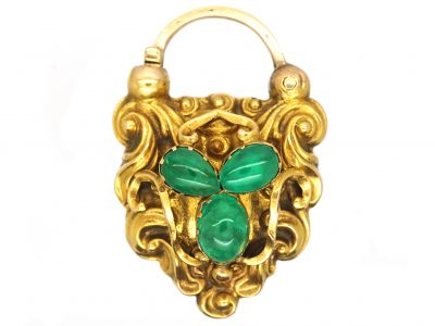 Early Victorian Large 15ct Gold Padlock set with Three Green Chalcedony