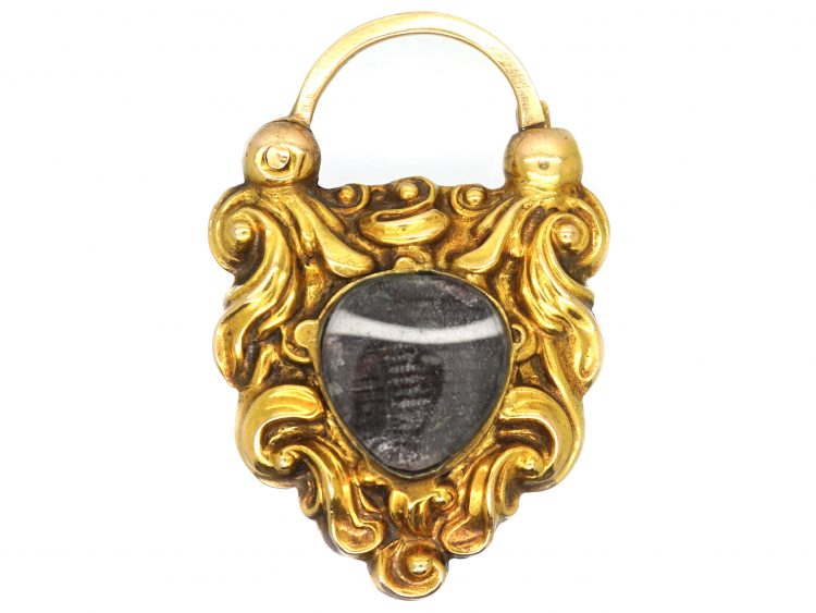 Early Victorian Large 15ct Gold Padlock set with Three Green Chalcedony