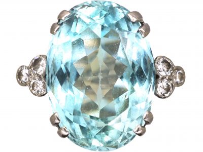 Vintage 18ct White Gold, Large Aquamarine Ring with Diamond Set Shoulders
