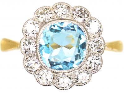 Edwardian 18ct Gold & Platinum Aquamarine & Diamond Cluster Ring