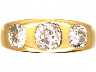 Victorian 18ct Gold Three Stone Old Mine Cut Diamond Rub Over Set Ring