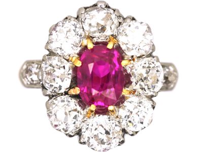 French Import Belle Epoque 18ct Gold, Burma Ruby & Diamond Cluster Ring