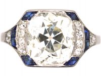 Art Deco Platinum Diamond Solitaire Ring with Calibre Sapphire Detail