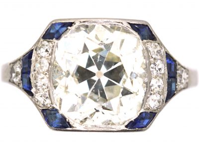 Art Deco Platinum Diamond Solitaire Ring with Calibre Sapphire Detail