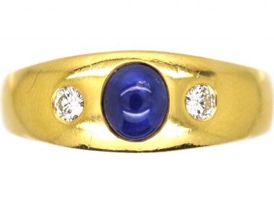 18ct Gold Cabochon Sapphire & Diamond Three Stone Rub Over Set Ring