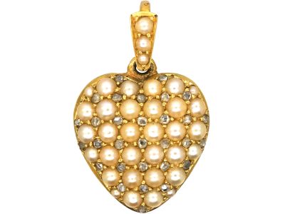 Edwardian 15ct Gold, Natural Split Pearls & Rose Diamonds Heart Pendant