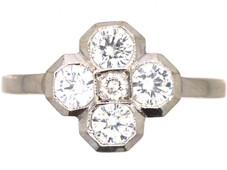Art Deco 18ct White Gold Five Stone Diamond Quatrefoil Ring