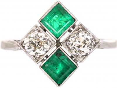 Art Deco Platinum Diamond Shaped Ring set with Emeralds & Diamonds