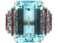 French Retro Platinum Large Aquamarine Ring with Ruby & French Cut Aquamarine Shoulders