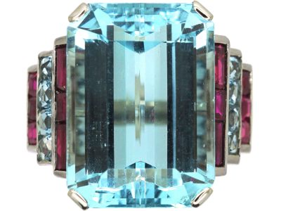 French Retro Platinum Large Aquamarine Ring with Ruby & French Cut Aquamarine Shoulders