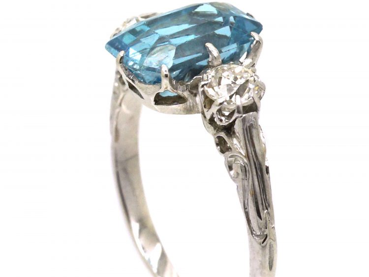 Art Deco 18ct White Gold Aquamarine & Diamond Ring