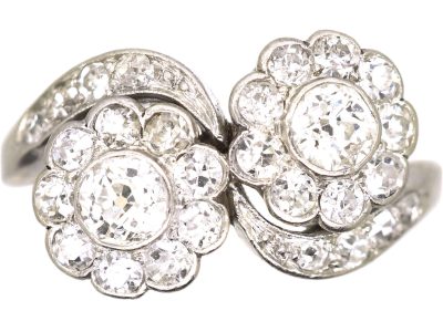 Edwardian Platinum Crossover Double Daisy Cluster Diamond Ring