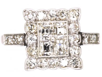 Art Deco 18ct White Gold & Platinum, Square Ring set with Diamonds
