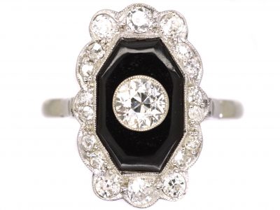French Art Deco Platinum Ring set with Onyx & Diamonds