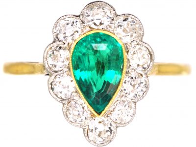 Early 20th Century 18ct Gold & Platinum Pear Shaped Ring set with an Emerald & Diamonds