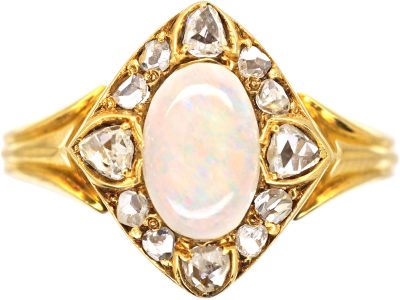 Edwardian 18ct Gold, Opal & Diamond Oval Cluster Ring