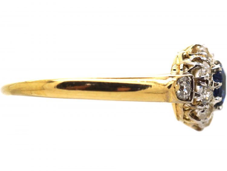 Edwardian 18ct Gold, Sapphire & Diamond Cluster Ring with Diamond Set Shoulders