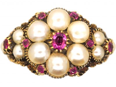 Georgian 15ct Gold Ruby & Natural Split Pearl Cluster Ring