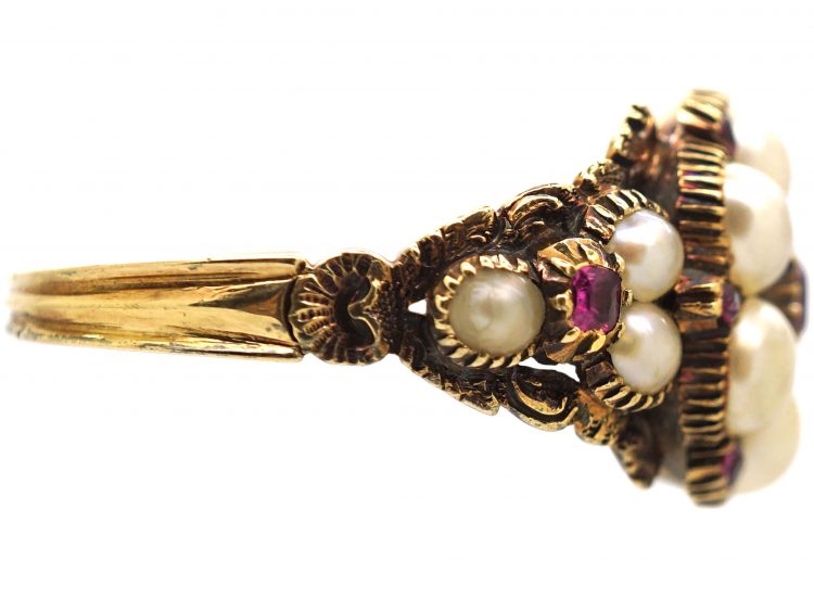 Georgian 15ct Gold Ruby & Natural Split Pearl Cluster Ring