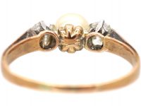 Edwardian 15ct Gold Ring set with a Natural Pearl & Two Diamonds