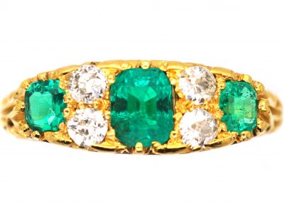 Edwardian 18ct Gold Three Stone Emerald & Diamond Carved Half Hoop Ring